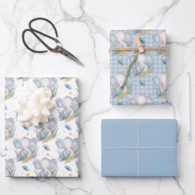Feuille De Papier Cadeau Eléphant bleu bébé (Recto)