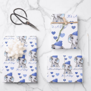 Feuille De Papier Cadeau Eléphant Bleu Bleu Hiver bébé garçon douche
