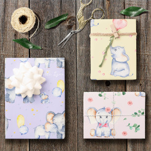 Feuille De Papier Cadeau Eléphant mignon bébé avec maman Aquarelle fille