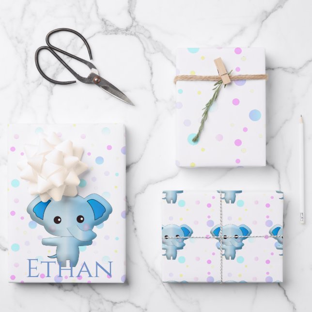 Feuille De Papier Cadeau Eléphant petit garçon bleu mignon (Recto)