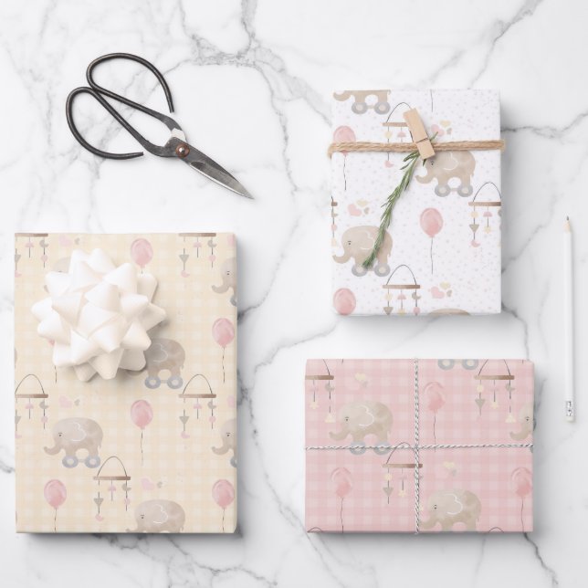 Feuille De Papier Cadeau Eléphant rose bébé fille (Recto)