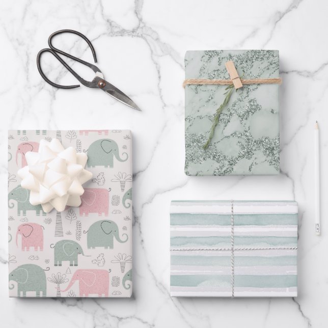 Feuille De Papier Cadeau Eléphants mignons main dessiné cadeau (Recto)
