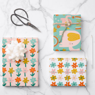 Feuille De Papier Cadeau Eléphants Whimsical Fleurs Flush Mint Printemps
