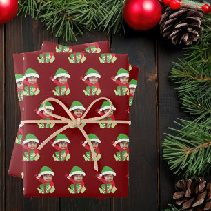 Feuille De Papier Cadeau Elf de photo d'enfant personnalisé Noël Rouge Mign