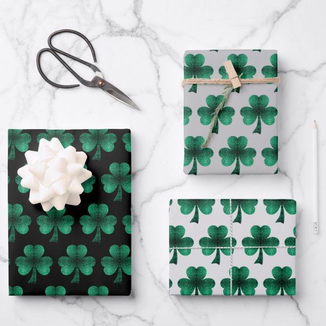 Feuille De Papier Cadeau Emerald Green Sparkles Shamrock motif noir (Recto)