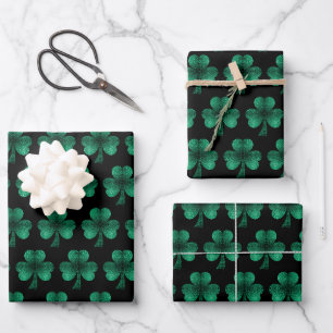 Feuille De Papier Cadeau Emerald Green Sparkles Shamrock motif noir