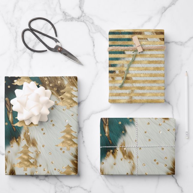 Feuille De Papier Cadeau Emerald Green White Gold Christmas Tree (Recto)