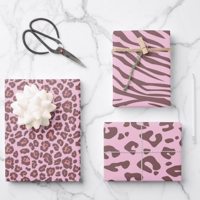Feuille De Papier Cadeau Empreinte de léopard animal rose Safari (Recto)