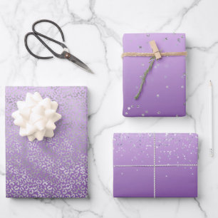 Feuille De Papier Cadeau Empreinte de léopard argenté violet ombre
