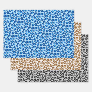 Feuille De Papier Cadeau empreinte de léopard, Bleu Denim, Crème, Gris 