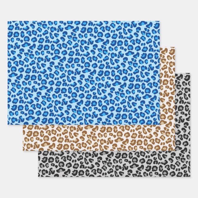 Feuille De Papier Cadeau empreinte de léopard, Bleu Denim, Crème, Gris  (Lot)