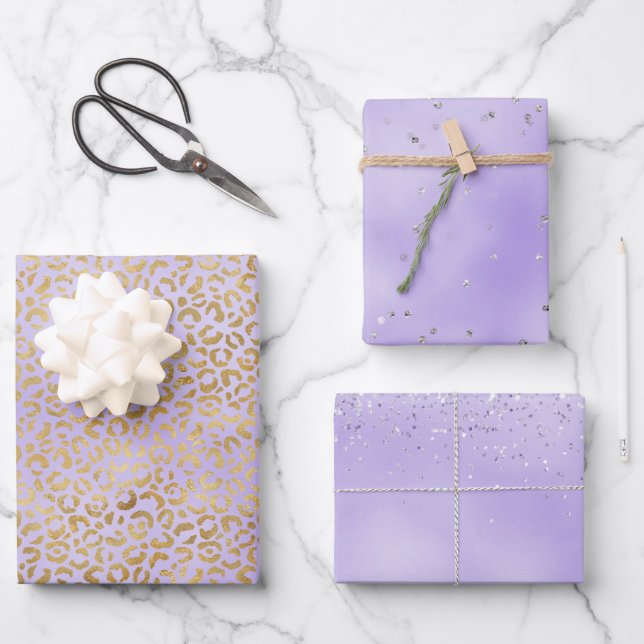 Feuille De Papier Cadeau Empreinte de léopard de glam or violet (Recto)