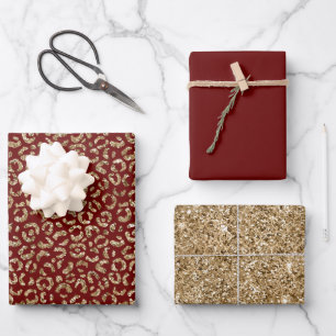 Feuille De Papier Cadeau Empreinte de léopard d'or Parties scintillant Red 