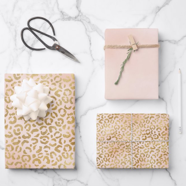 Feuille De Papier Cadeau Empreinte de léopard or rose pâle (Recto)