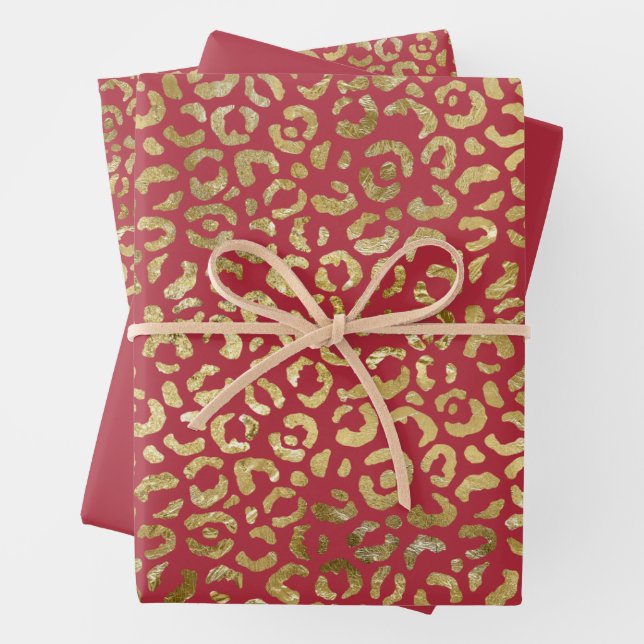 Feuille De Papier Cadeau Empreinte de léopard Red Gold Glam (En situation)