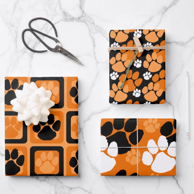 Feuille De Papier Cadeau Empreinte orange, noire et blanche (Recto)