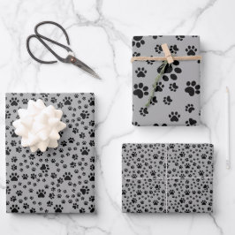 Feuille De Papier Cadeau Empreintes de pattes noirs en gris
