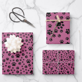 Feuille De Papier Cadeau Empreintes de pattes noirs en rose