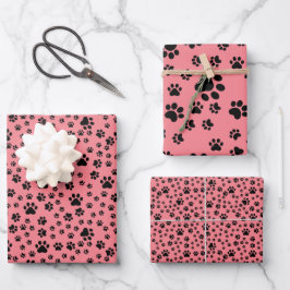 Feuille De Papier Cadeau Empreintes de pattes noirs en rose fraise