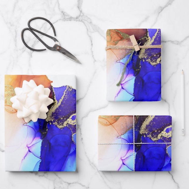 Feuille De Papier Cadeau Encre d'alcool Abstraite Blue Orange Gold (Recto)