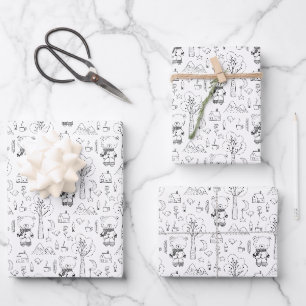 Feuille De Papier Cadeau Enfant Noël Noir & Blanc Nounours d'hiver