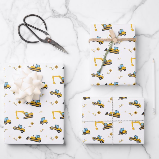 Feuille De Papier Cadeau Enfants Construction Camion Grue Anniversaire Cade (Recto)