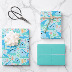 Feuille De Papier Cadeau Enfants D'Anniversaire Du Requin En Mer