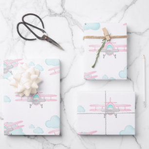 Feuille De Papier Cadeau Enfants Pink Avion Volant Aviation Anniversaire