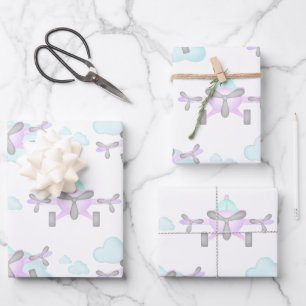 Feuille De Papier Cadeau Enfants Purple Avion Volant Aéronautique Anniversa