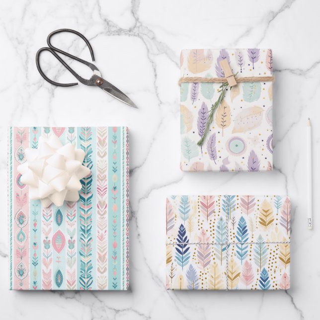 Feuille De Papier Cadeau Ensemble aquarelle pastel polyvalent bohème bohémi (Recto)