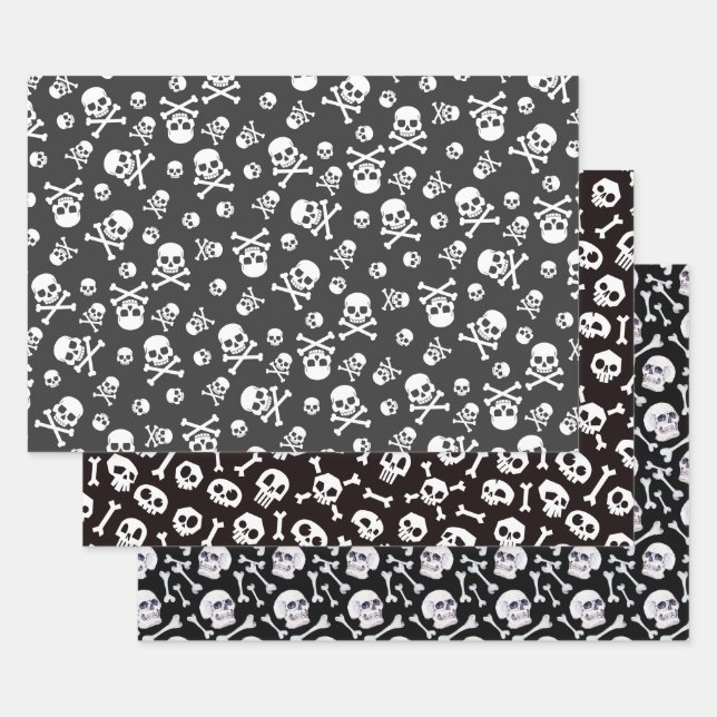 Feuille De Papier Cadeau Ensemble de 3 crânes et croisés blancs (Lot)