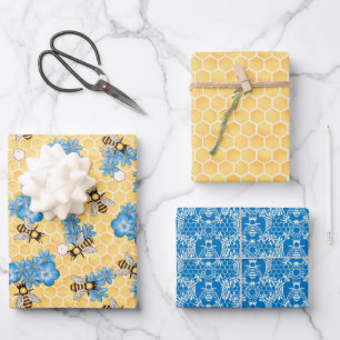 Feuille De Papier Cadeau Ensemble de 3 papiers d'emballage abeilles miel ni
