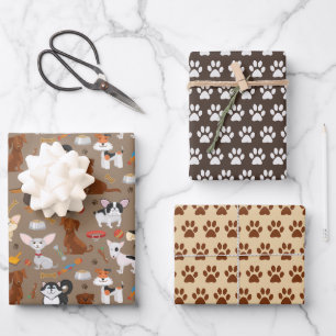 Feuille De Papier Cadeau Ensemble de 3 papiers d'emballage Chiens mignons e
