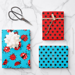 Feuille De Papier Cadeau Ensemble de 3 papiers d'emballage coccinelles mign