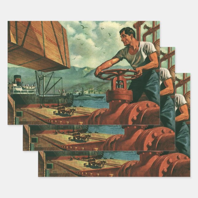 Feuille De Papier Cadeau Entreprise Vintage, navire pétrolier avec travaill (Lot)