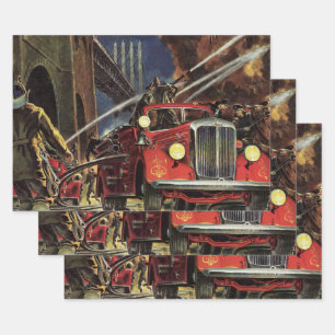 Feuille De Papier Cadeau Entreprise Vintage, Pompiers Véhicules de pompiers