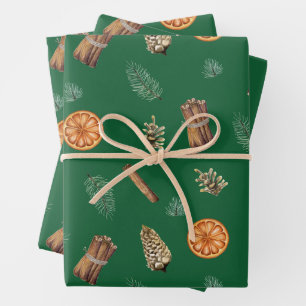 Feuille De Papier Cadeau Épices orange de Noël, Pin, Pinecones Vert