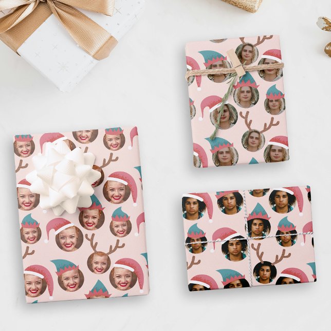 Feuille De Papier Cadeau Équipage de Noël rose Trois photos personnalisée (Créateur téléchargé)