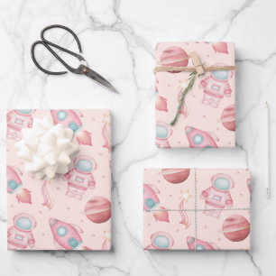 Feuille De Papier Cadeau Espace de filles mignonnes Anniversaire Astronaute