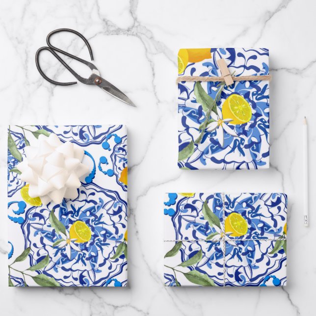 Feuille De Papier Cadeau Été, Carreaux portugais, agrumes, citrons (Recto)