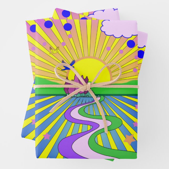 Feuille De Papier Cadeau Été d'amour Psychédélique Soixante-dix Sunburst (En situation)