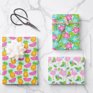Feuille De Papier Cadeau Été Hawaïen Tropical Hibiscus, Fruits & Oiseaux