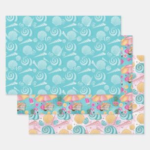Feuille De Papier Cadeau Été Plage Rose Turquoise Jaune Coquillages Flamant