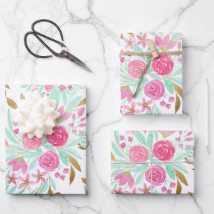 Feuille De Papier Cadeau Eté rose or Turquoise Aquarelle Fleurs Motif