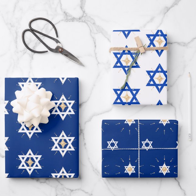 Feuille De Papier Cadeau Étoile brillante dorée de David Hannukah (Recto)