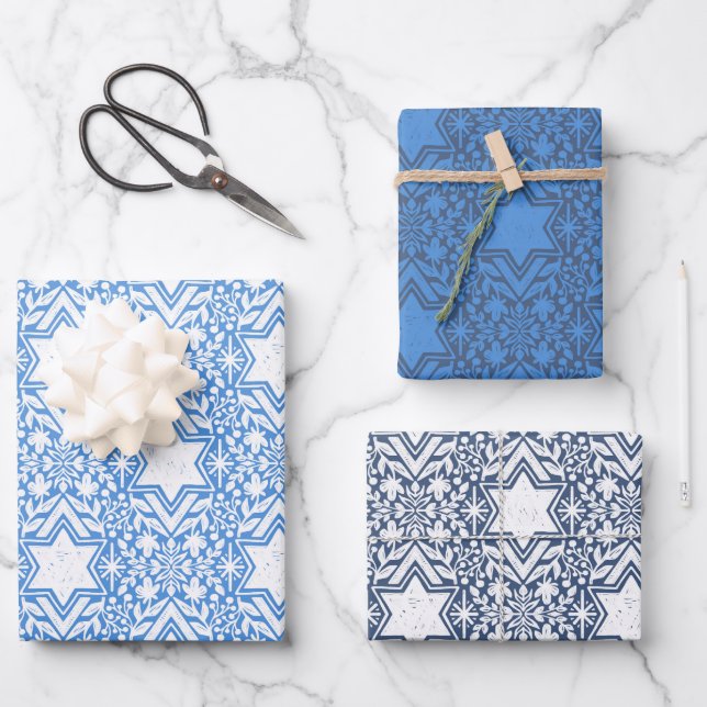 Feuille De Papier Cadeau Étoile de David Floral Hanoukka Set (Recto)