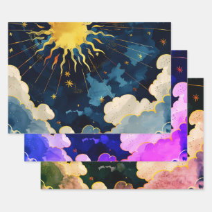 Feuille De Papier Cadeau Étoiles célestes et nuages bleus modernes