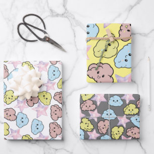 Feuille De Papier Cadeau Etoiles d'aquarelle et Motif de nuage