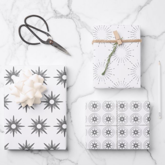 Feuille De Papier Cadeau Étoiles d'argent de Noël modernes (Recto)