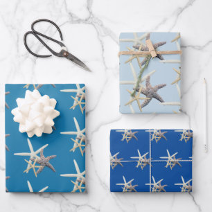 Feuille De Papier Cadeau Etoiles de mer tons bleu